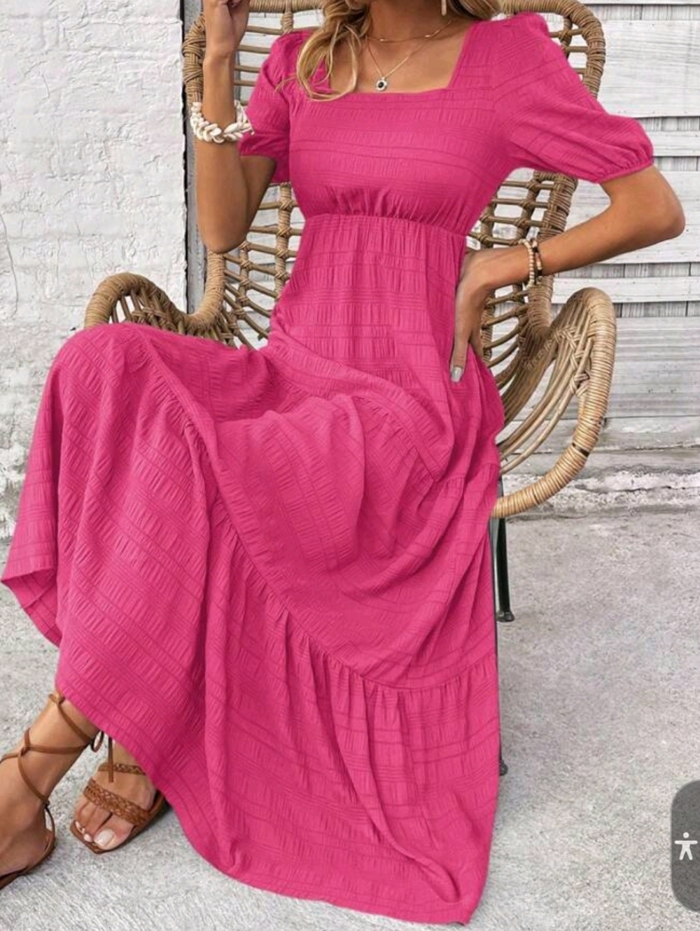 Breezaya Women's Solid Color Textured Square Neck Long Dress